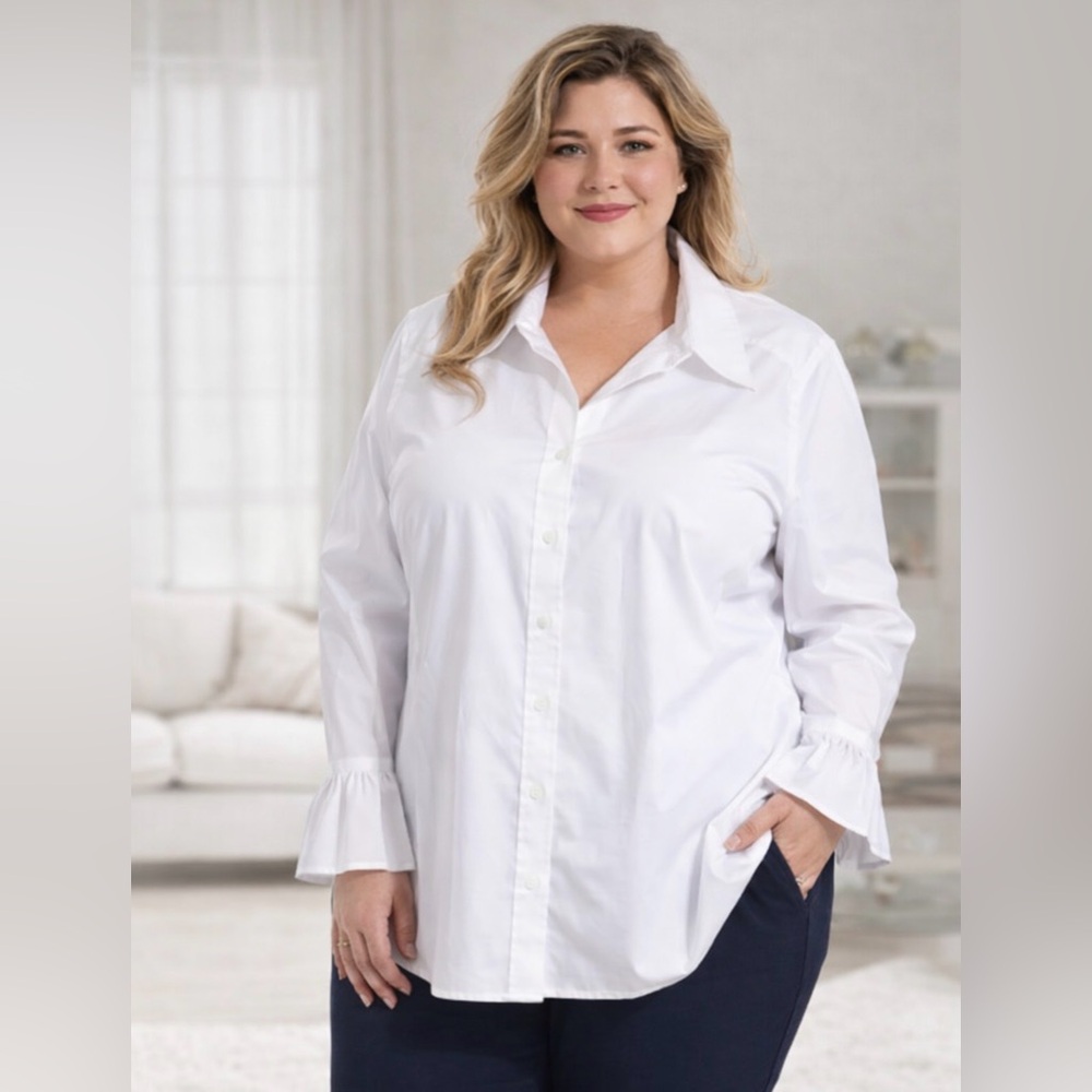 Foxcroft Plus Size 20W White Button Down Blouse Ruffle Cuff Crisp Classic-Womens